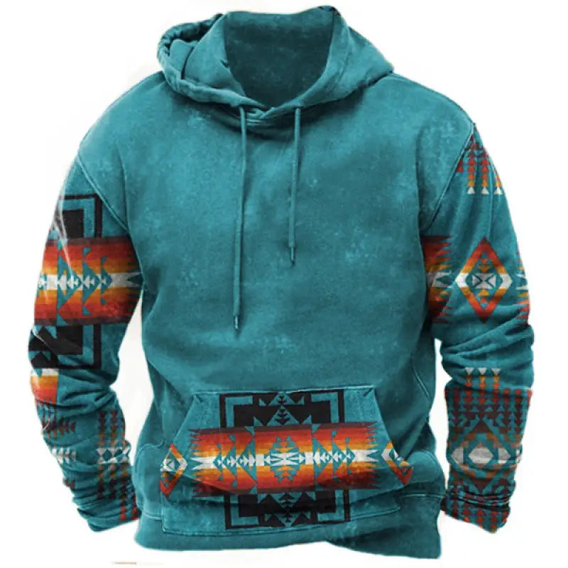 Herren-Pullover-Hoodie mit geometrischem Tribal-Print im Streetwear-Stil in Teal mit leuchtend orangefarbenen, roten und schwarzen geometrischen Mustern an den Ärmeln und auf der Fronttasche.