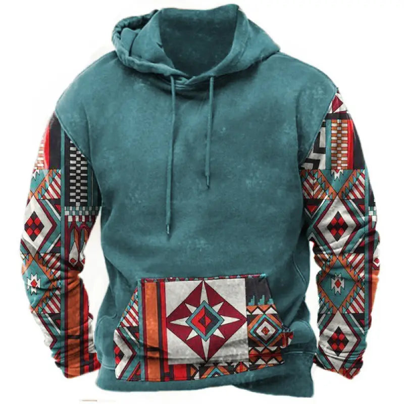 Herren-Teal-Pullover-Hoodie mit geometrischem Tribal-Print in Rot, Orange und Weiß an Ärmeln und Fronttasche, entworfen für den Streetwear-Stil.