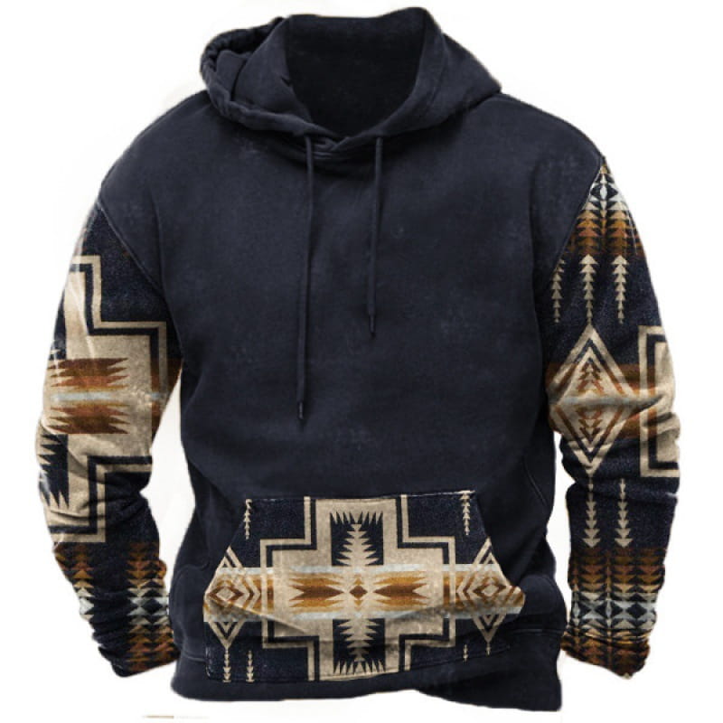 Herren-Dunkelnavy-Hoodie mit geometrischen Tribal-Mustern in Beige, Braun und Schwarz an den Ärmeln und auf der Fronttasche, entworfen für den Streetwear-Stil.
