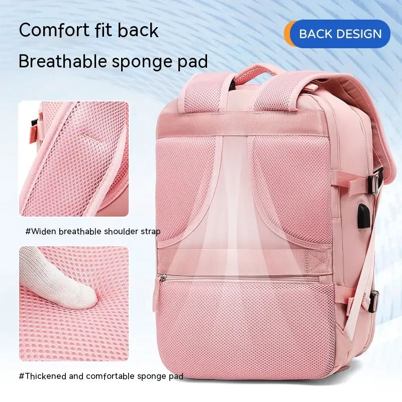 pink waterproof laptop travel backpack with compartments shown from the back featuring breathable sponge pad and widened shoulder straps