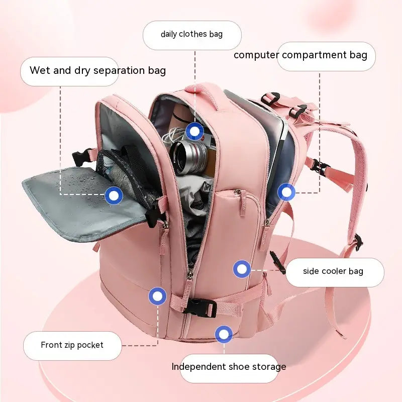 pink waterproof multifunctional laptop travel backpack with organized compartments and a side cooler bag designed for convenient storage and travel use