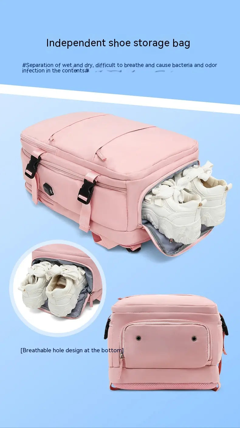 pink independent shoe storage bag with black straps and wheels featuring a breathable hole design at the bottom shown with waterproof laptop travel backpack compartments