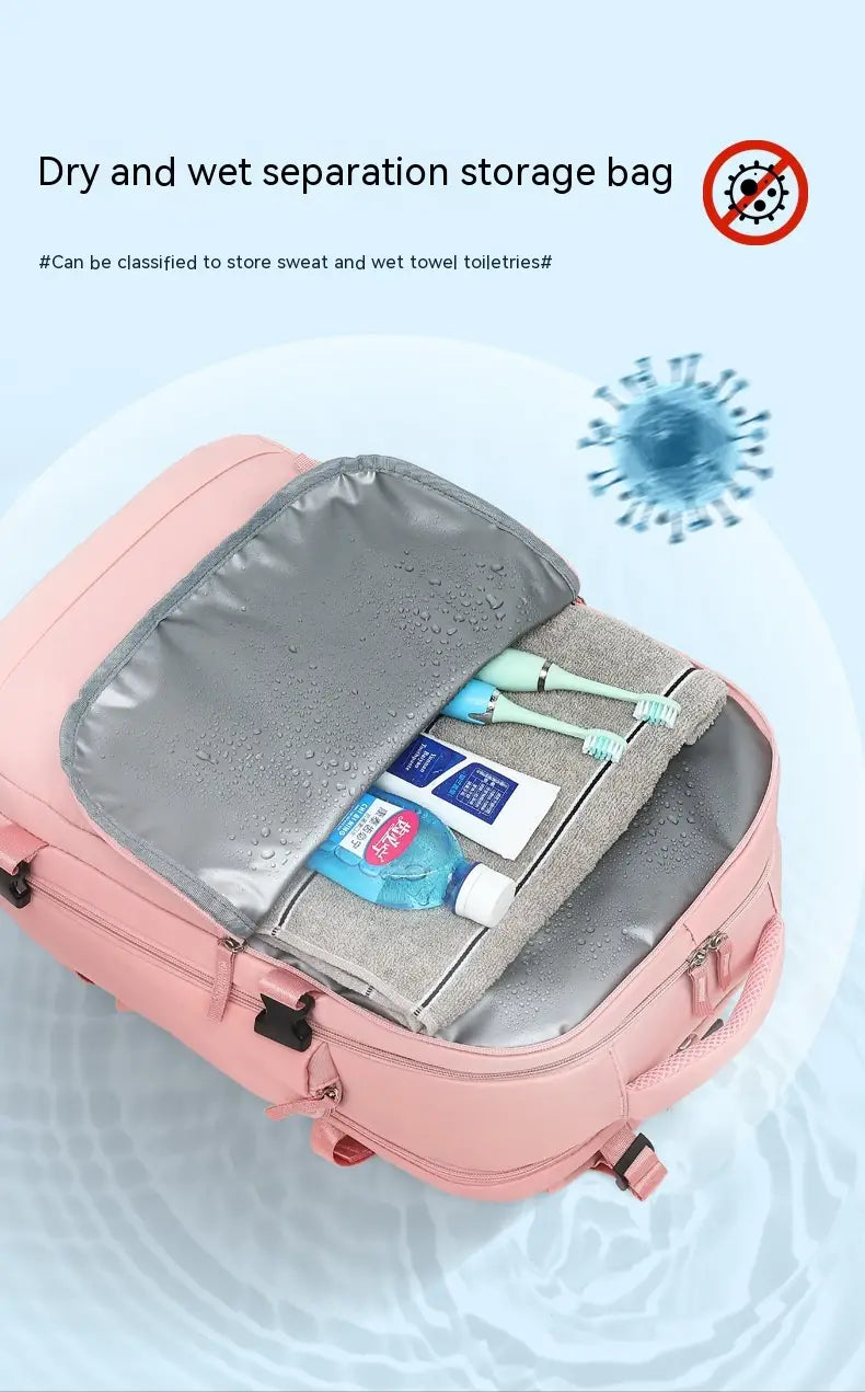 pink dry and wet separation storage bag with gray interior compartment designed to organize sweat and wet towels or toiletries in a waterproof laptop travel backpack with compartments