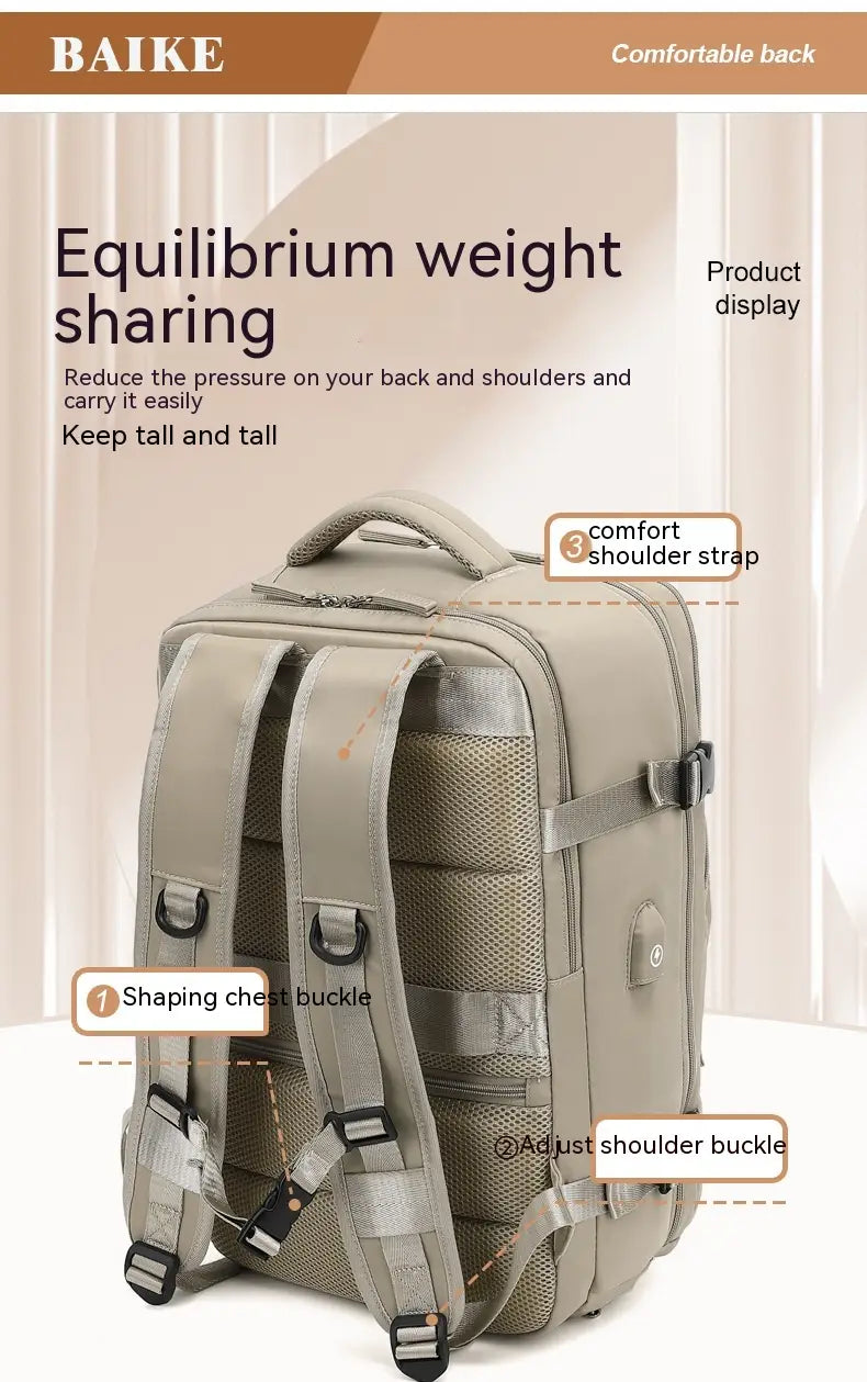 Beige baike waterproof laptop travel backpack with mesh panels and adjustable shoulder straps shown from the back side.