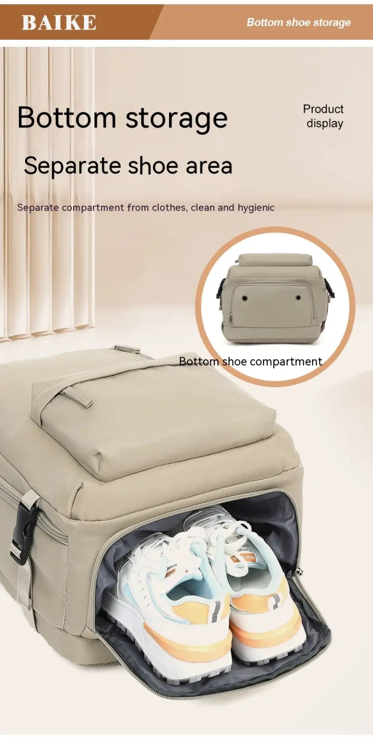 Beige baike waterproof laptop travel backpack with compartments and a dedicated bottom shoe compartment designed to store sneakers.