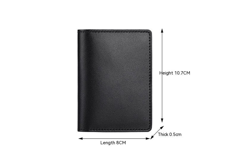 black leather ultra thin genuine leather cowhide card holder wallet with stitched edges and precise dimensions shown on the back side