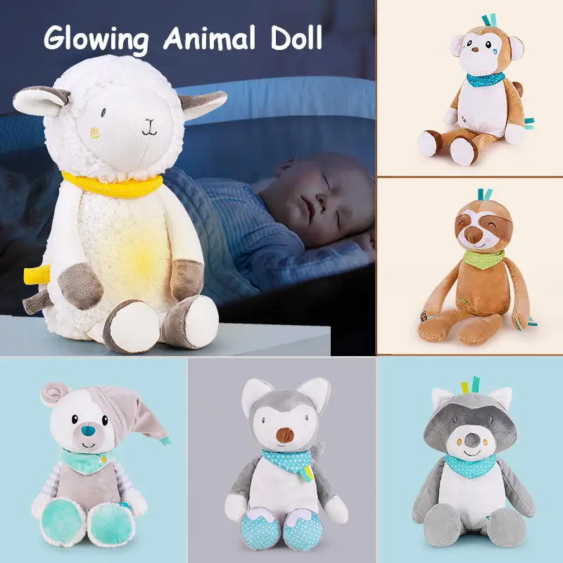 Ein Plüsch-Tier-Komfortlampen-Musik-Babyspielzeug mit einem weichen weißen und braunen Plüsch-Lamm und einem leuchtend gelben Halsband.