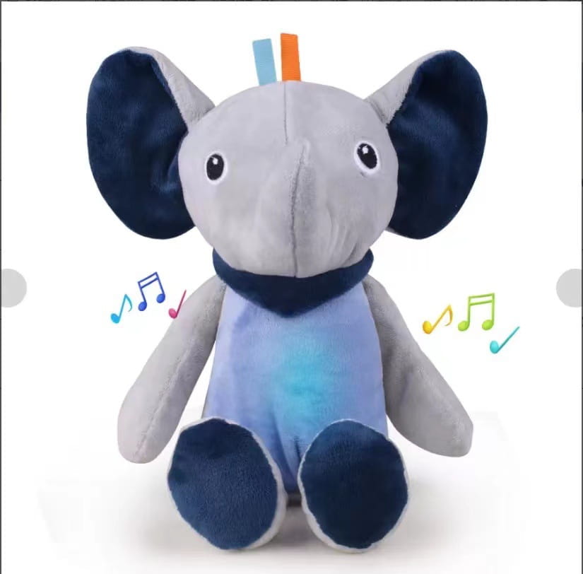 Ein Plüsch-Tier-Komfortlampen-Musik-Babyspielzeug mit einem weich strukturierten graublauen und dunkelblauen Elefanten-Stoffkörper, bestickten Augen und farbenfrohen gestreiften Antennen.