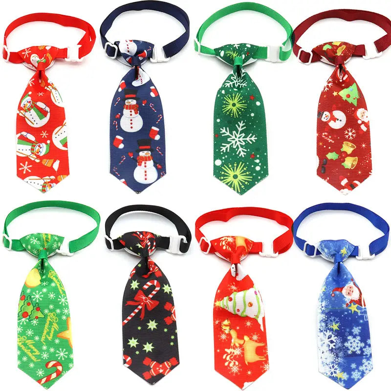christmas dog tie festive holiday pet neckwear in ribbed fabric with adjustable neck straps featuring snowmen candy canes stars and santa claus designs in red green and white colors.
