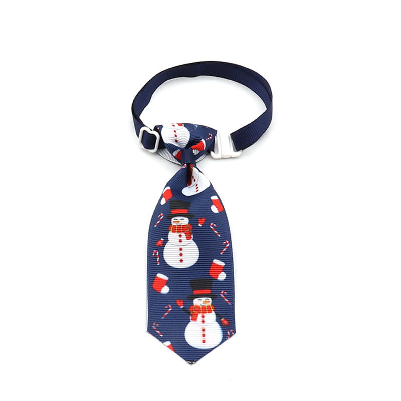 A navy blue adjustable Christmas dog tie featuring festive snowmen with black top hats red scarves candy canes and mittens for holiday pet neckwear.