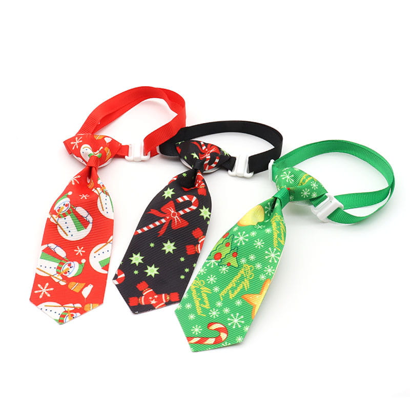 three festive christmas dog ties featuring red snowmen black candy cane bows and green holly patterns made of ribbed fabric with adjustable matching colored straps for holiday pet neckwear