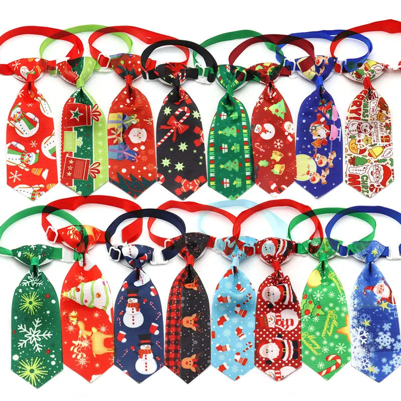 A collection of adjustable christmas dog ties featuring festive holiday neckwear in various vibrant colors and patterns designed for pets.
