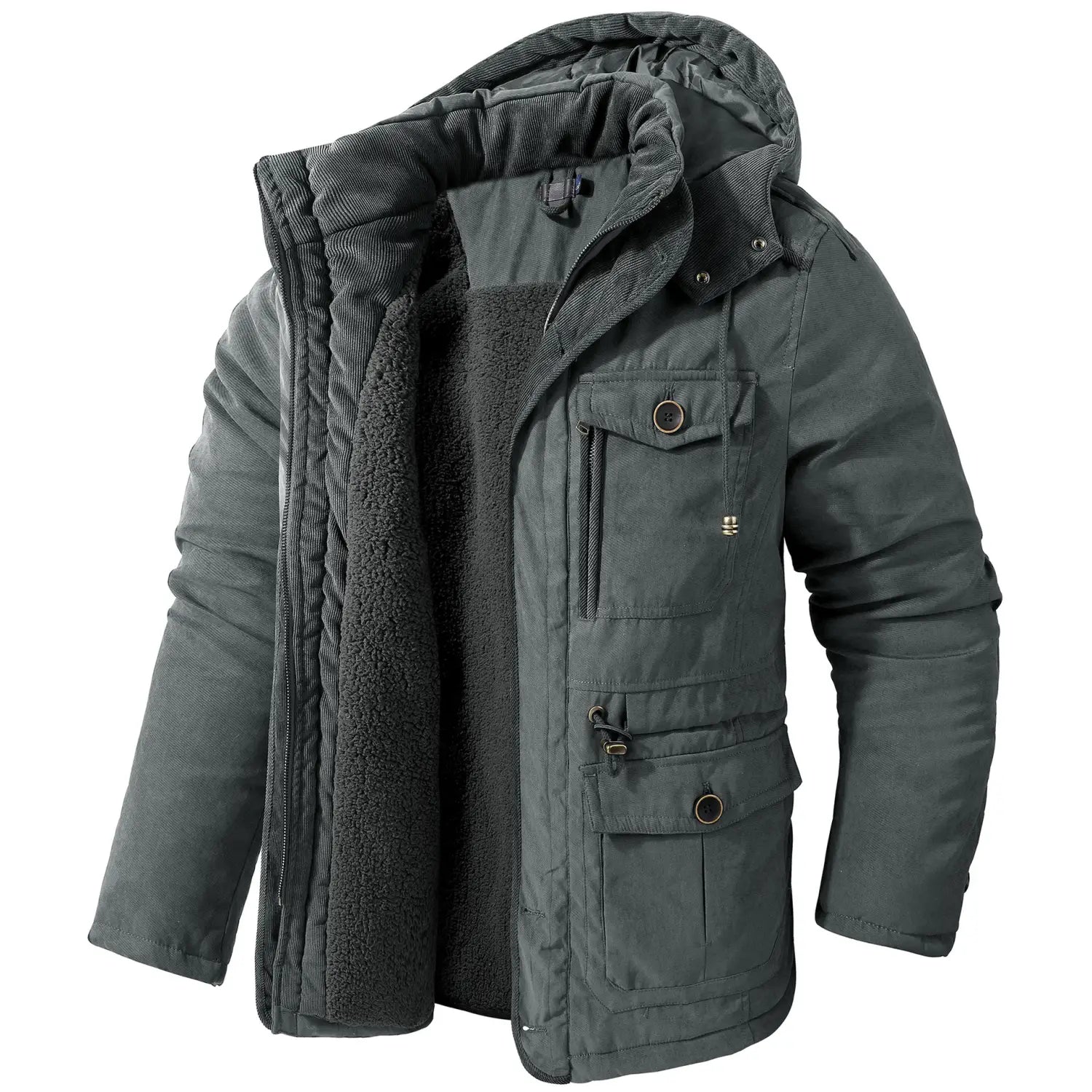 Chaqueta de invierno acolchada con forro polar para tallas grandes en verde oscuro con capucha aislada con forro de pana y múltiples bolsillos para uso en clima frío
