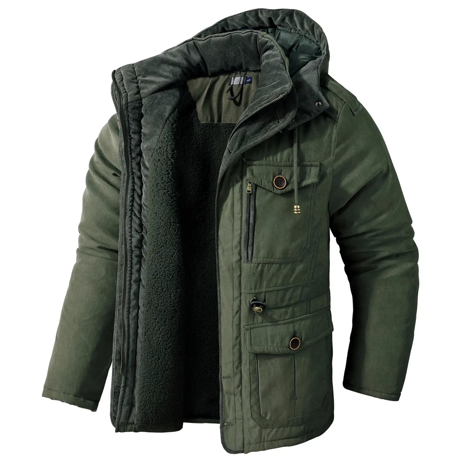 Chaqueta de invierno acolchada con forro polar para tallas grandes en verde oliva oscuro, con cuello de pana forrado y capucha, e interior de forro polar mullido para mayor aislamiento.