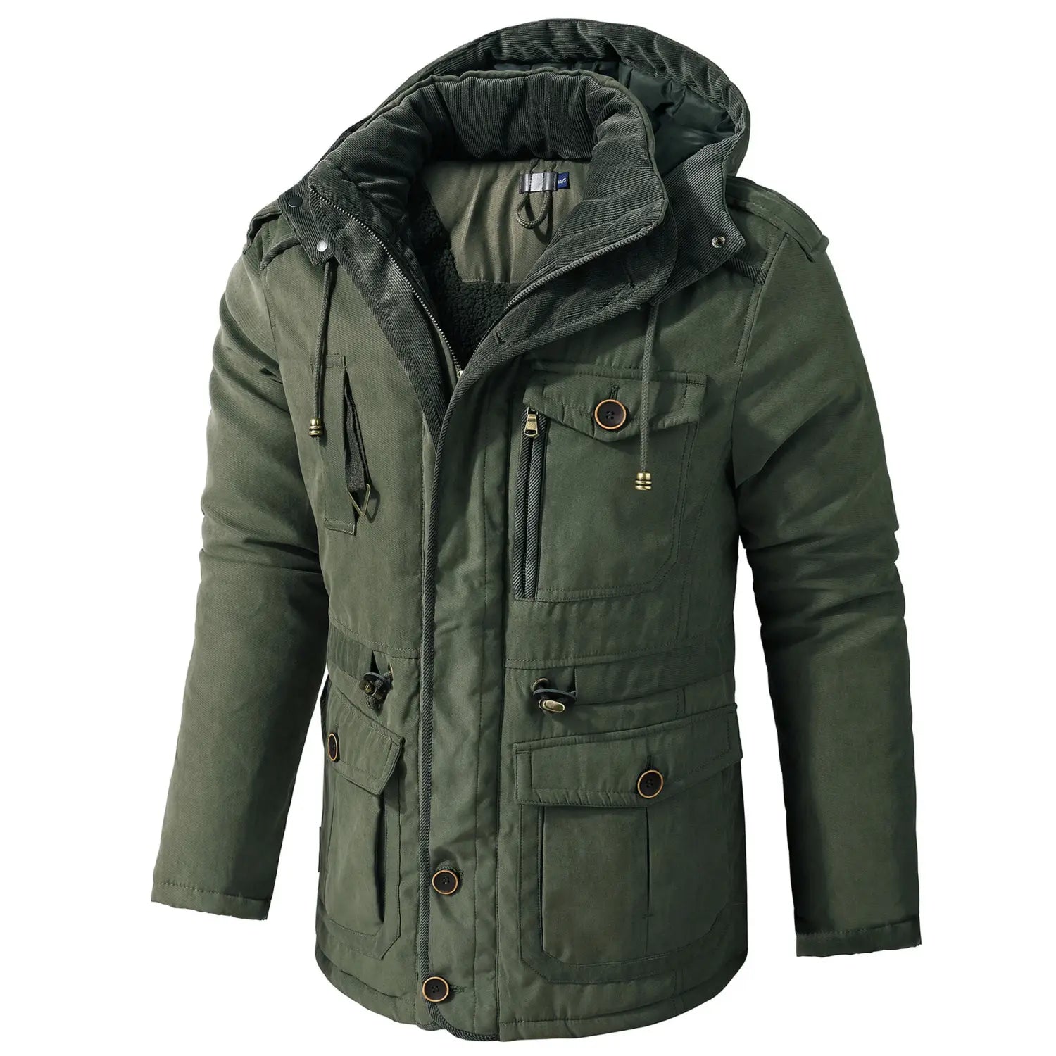Chaqueta de invierno acolchada con forro polar para tallas grandes en verde oliva oscuro con capucha de aislamiento acolchado, cierre frontal con cremallera, múltiples bolsillos y botones circulares marrones diseñados para uso en clima frío
