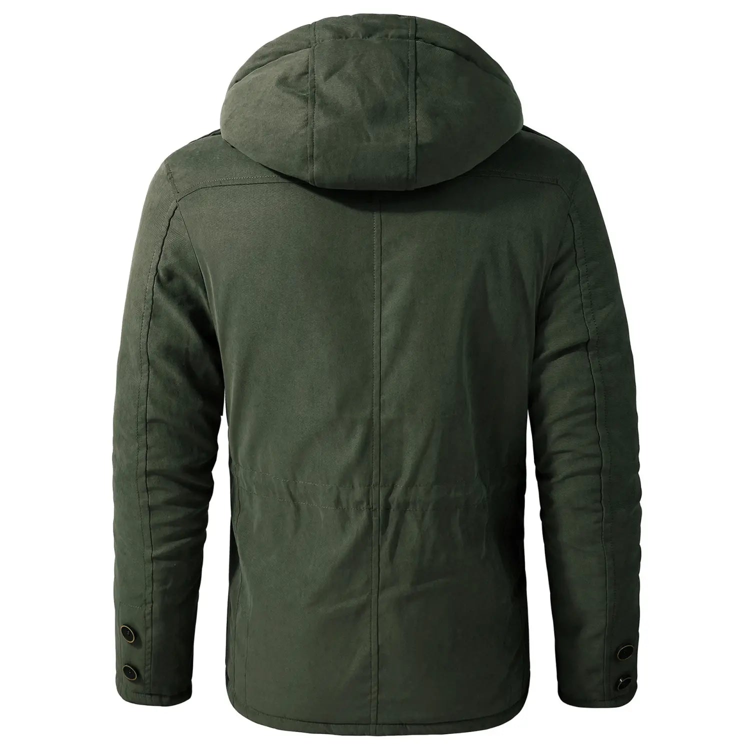 Chaqueta de invierno acolchada con forro polar para tallas grandes en verde oliva oscuro con capucha, diseño acolchado y puños con botones negros.