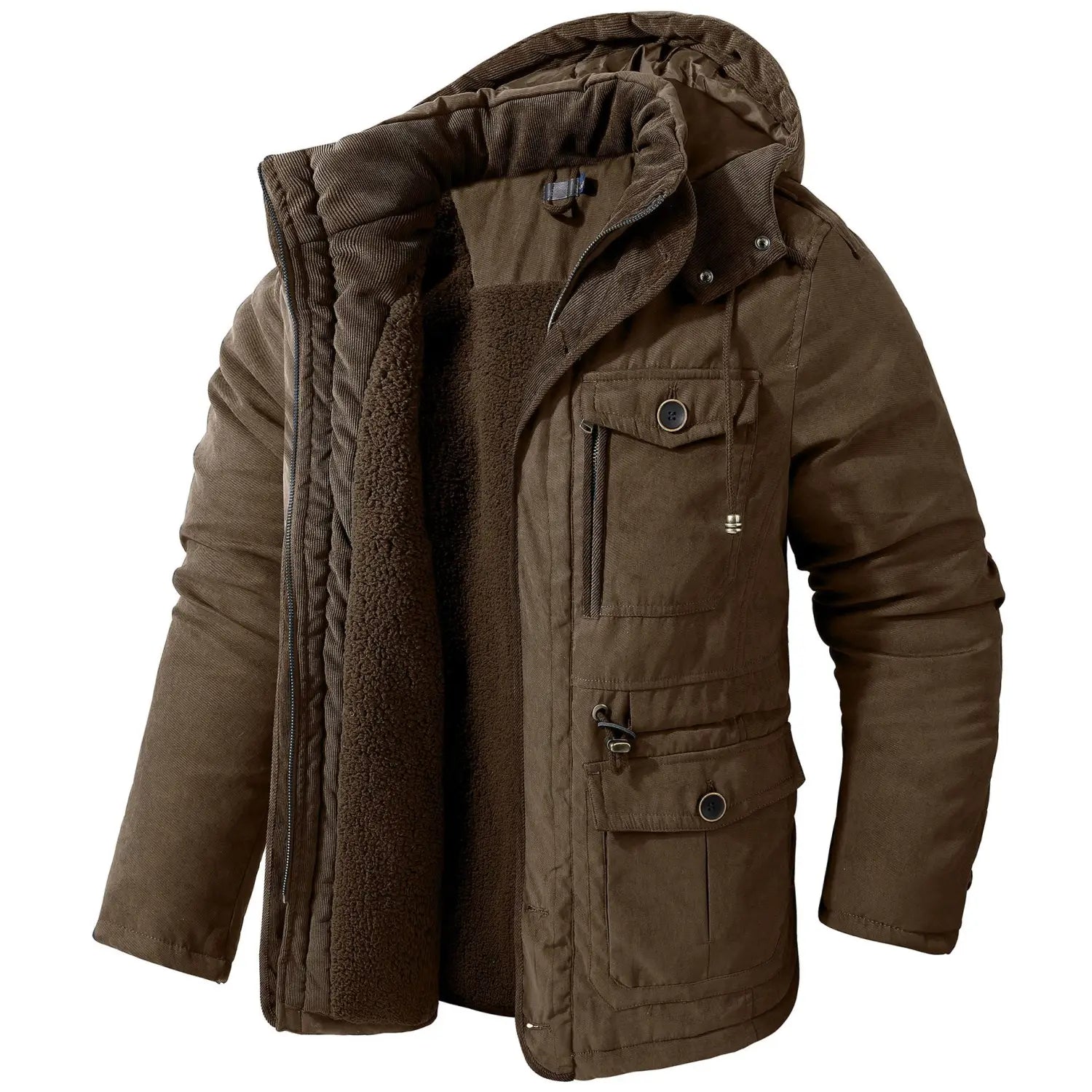 Chaqueta de invierno con capucha marrón para tallas grandes, con cuello forrado de pana e interior de forro polar mullido, con múltiples bolsillos y cierre con cremallera.