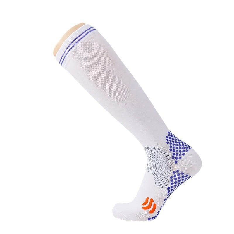 White compression soccer sock with blue and orange accents featuring breathable mesh design on the footbed and heel for enhanced comfort in athletic use