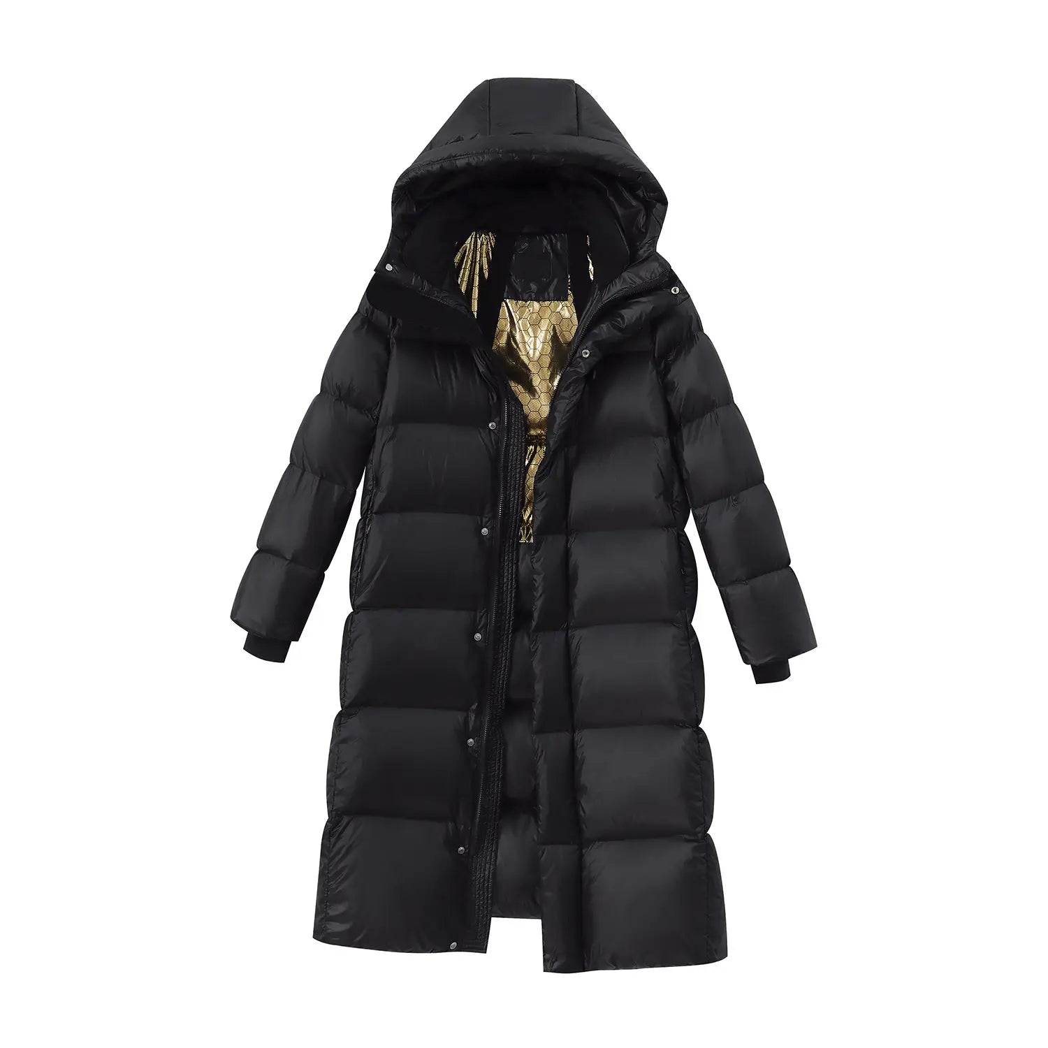 Black down jacket hooded quilted puffer coat with black exterior and gold-patterned lining designed for warmth and style.