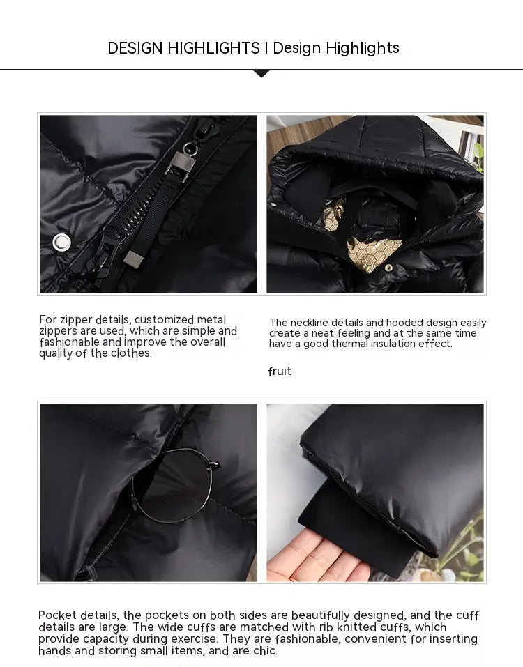 Black down jacket hooded quilted puffer coat with rib-knitted cuffs and metallic zipper accents in black.