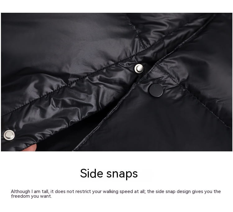 Black down jacket hooded quilted puffer coat featuring shiny black quilted fabric and silver-toned side snaps.