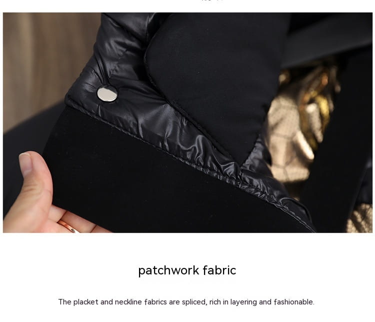 Black down jacket hooded quilted puffer coat featuring a shiny black quilted patchwork fabric design.
