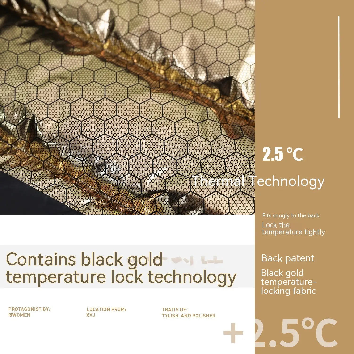 Black down jacket hooded quilted puffer coat featuring black gold temperature lock fabric with a hexagonal mesh pattern.