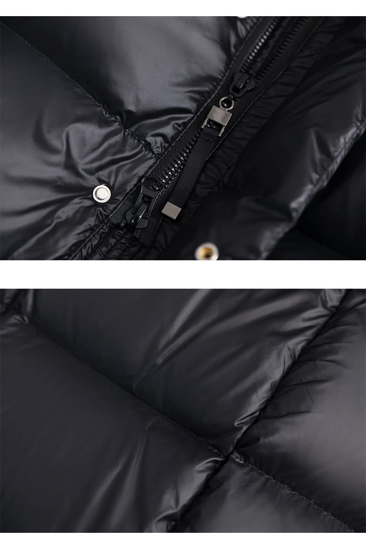 Black down jacket hooded quilted puffer coat with a shiny black quilted exterior and silver-toned zipper hardware.