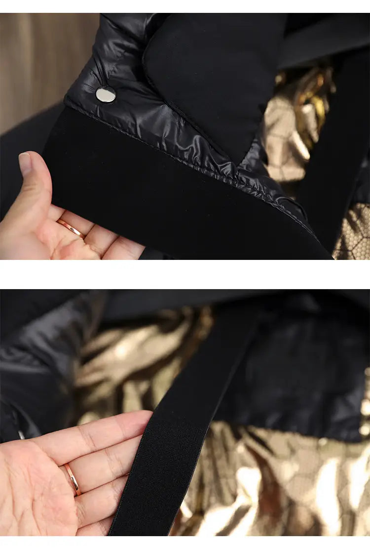 black down jacket hooded quilted puffer coat with shiny nylon exterior and elastic waistband shown from the back side