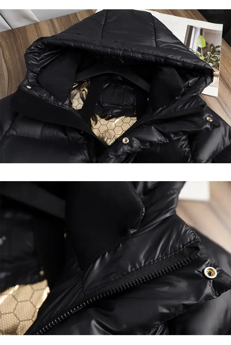 Black down jacket hooded quilted puffer coat featuring black quilted design with a hood and gold-tone hardware accents.