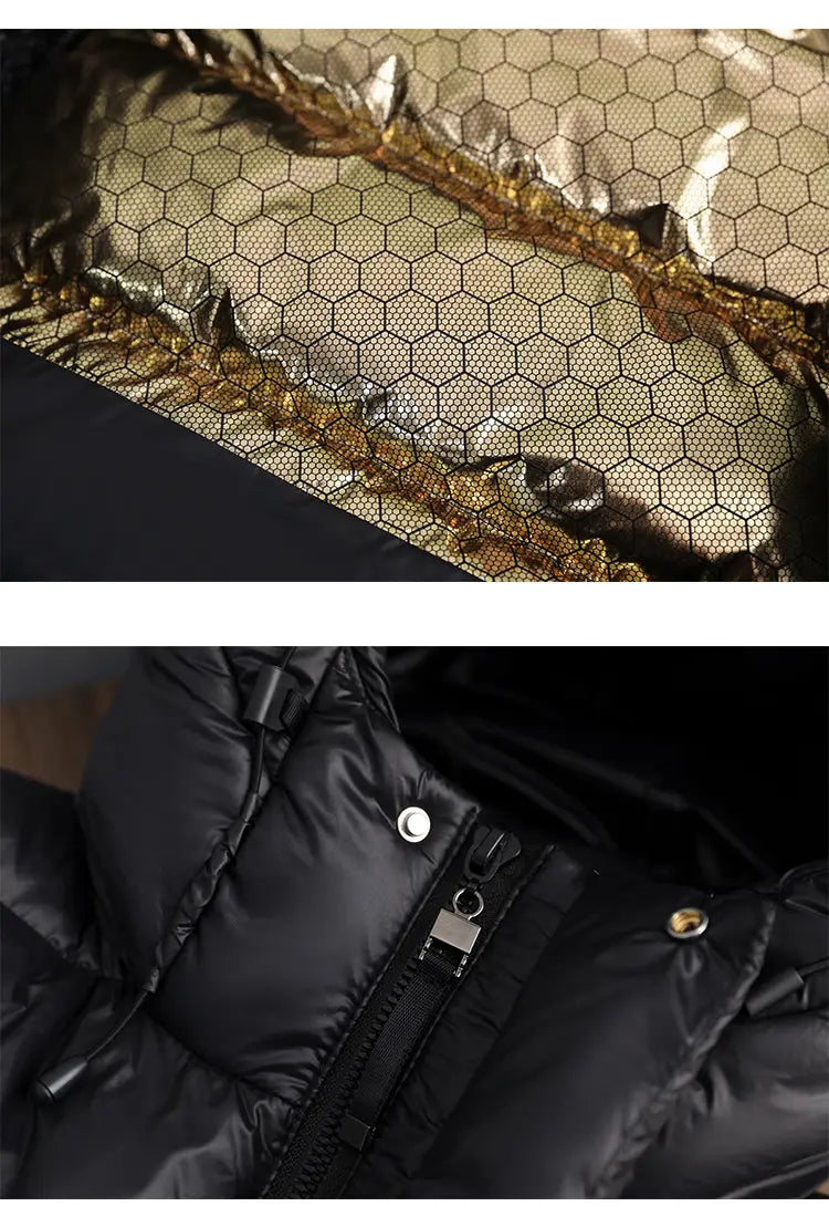 Black down jacket hooded quilted puffer coat with black quilted design silver-toned zipper and snap buttons.