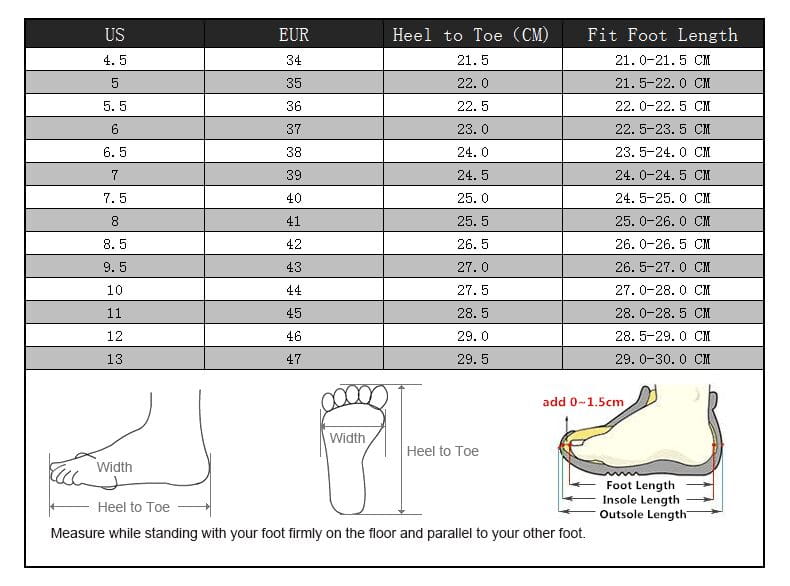 A detailed shoe size conversion chart for women’s flat sandals with beaded ankle straps and metal embellishments showing us and eur sizes with heel-to-toe and fit foot length measurements and diagrams for accurate sizing.