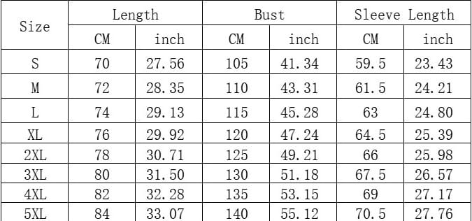 The table displays a size chart for a men shearling bomber jacket listing measurements in centimeters and inches for sizes S through 5XL.