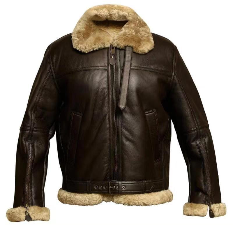 Men shearling bomber jacket featuring dark brown leather exterior with tan shearling lining and cuffs.