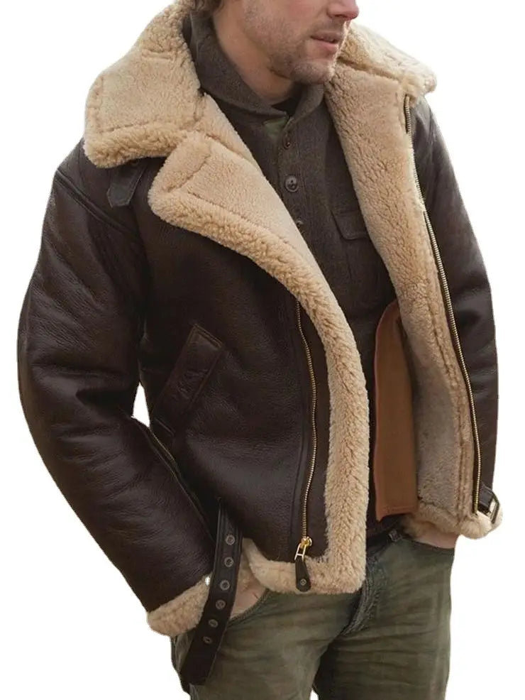 Men shearling bomber jacket featuring brown leather exterior with tan shearling lining and collar.