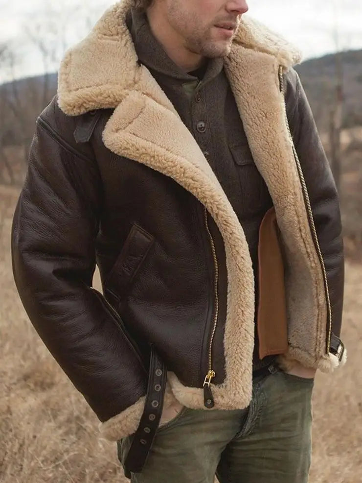 Men shearling bomber jacket in brown leather with plush tan fleece lining and classic aviation style design.