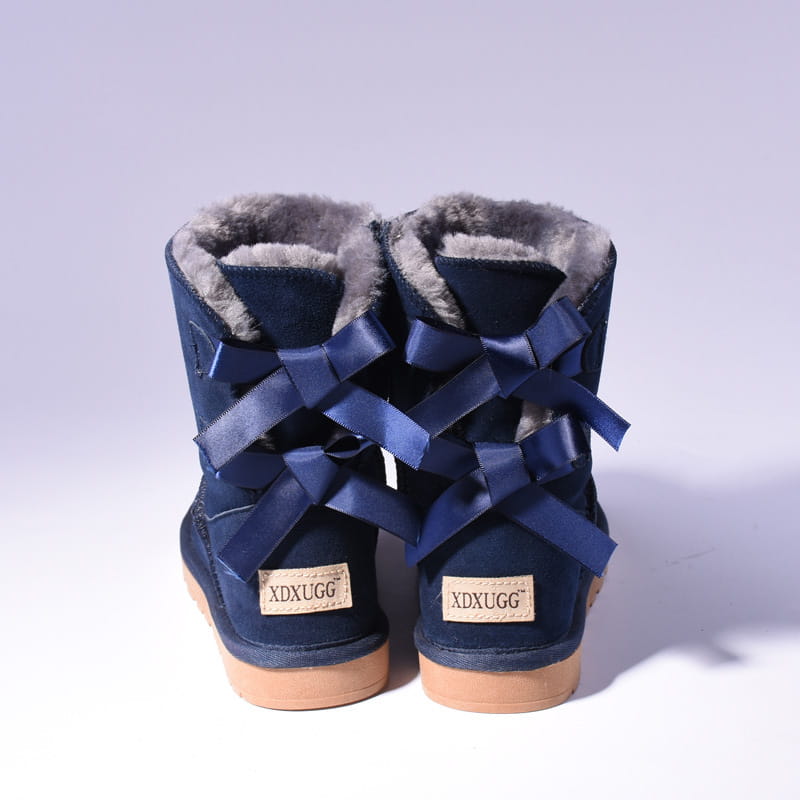 Women snow boots warm navy blue suede ugg-style ankle boots with plush gray lining and decorative satin bows for winter use