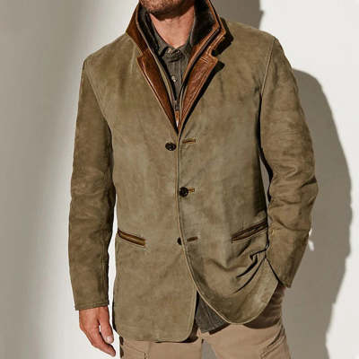 Chaqueta de trabajo para hombre en ante verde oliva con cuello de pelo de cuero marrón