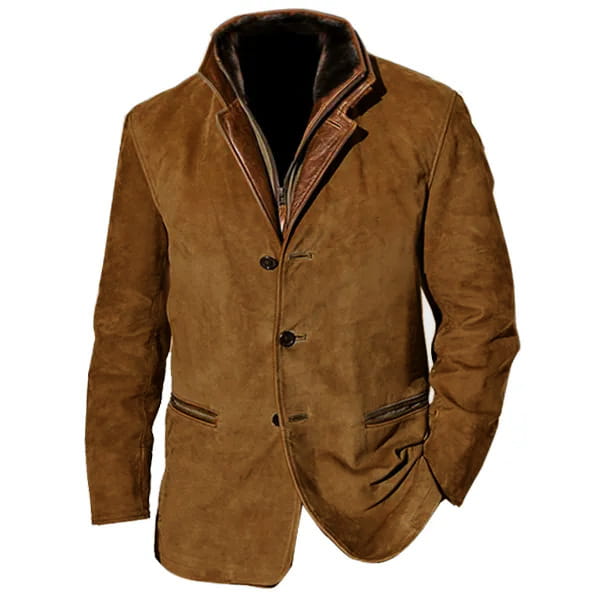 Chaqueta de trabajo para hombre en ante marrón con cuello acolchado de pelo marrón oscuro y cierres de botones a juego.