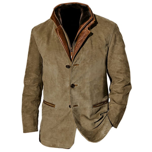 Chaqueta de trabajo para hombre en ante con cuello de pelo, en color camel, con cuello de cuero marrón a contraste y ribetes.