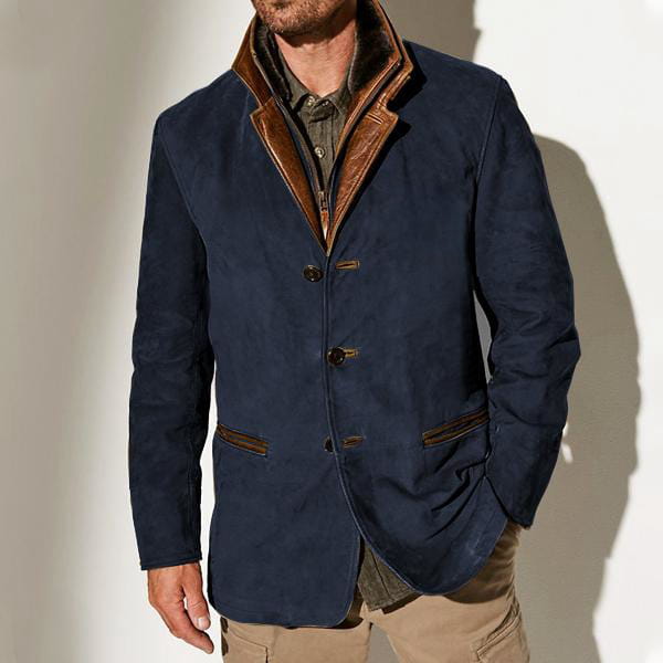 Blazer de trabajo para hombre en ante azul marino con cuello y ribetes de cuero marrón, con detalles de cuello de pelo.