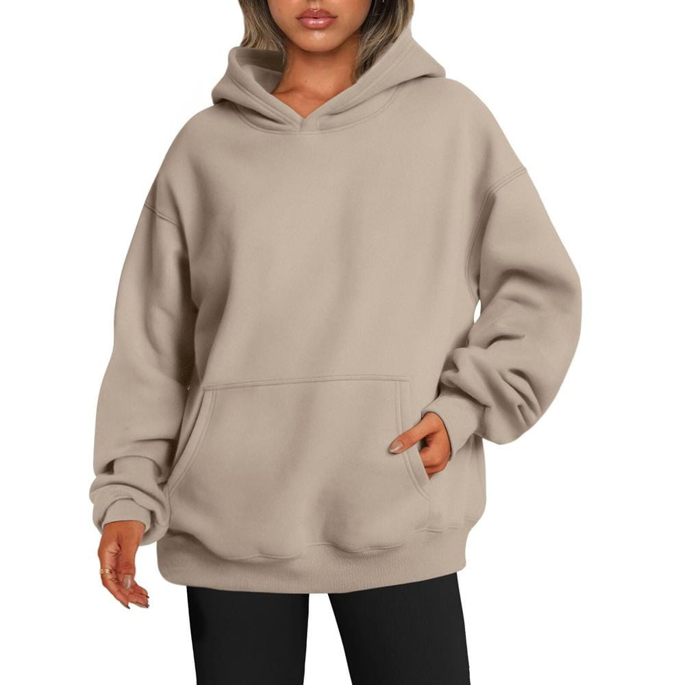 Un sweat à capuche surdimensionné unisexe rétro en tricotage tie-dye 3D beige doux, avec une coupe décontractée et une poche avant.