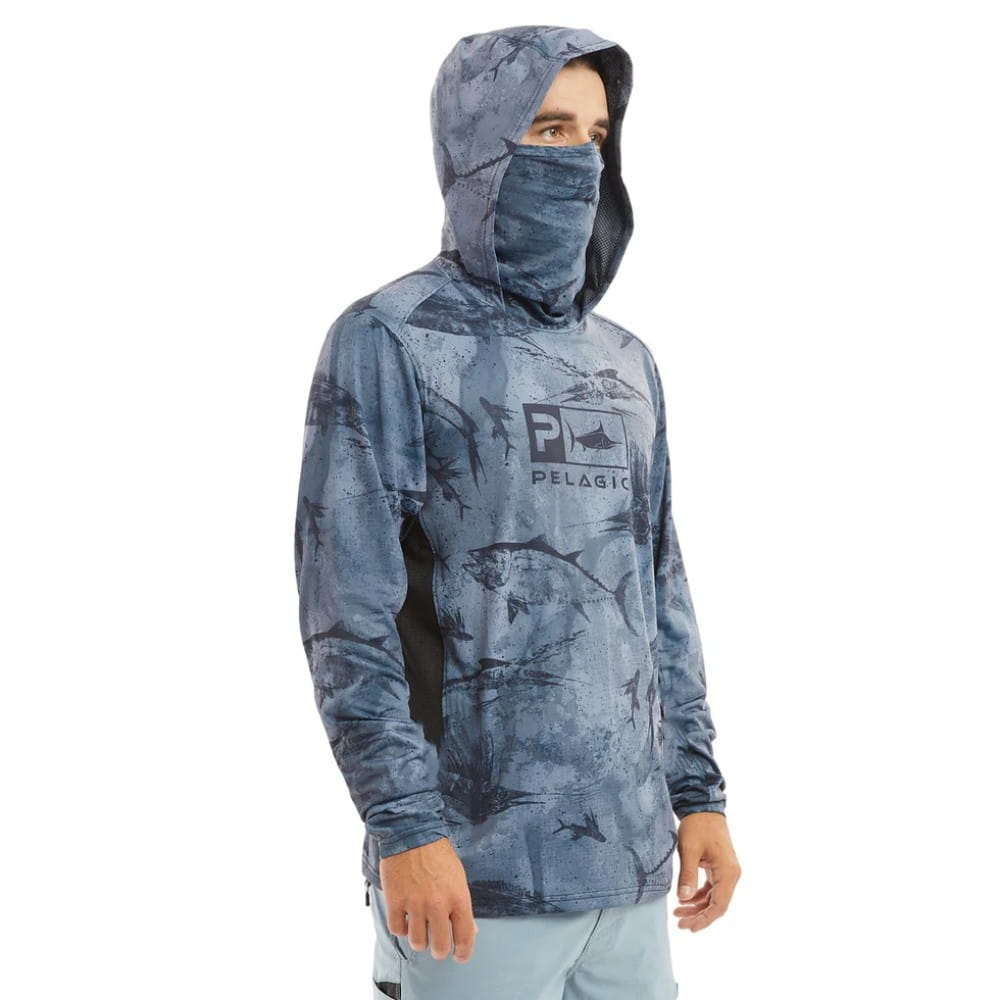 Sudadera con capucha para pesca de hielo de seda tipo pelágico con protección UV para hombre con patrón azul de camuflaje, mangas largas, capucha y mascarilla facial integrada, con el logotipo de la marca Pelagic.