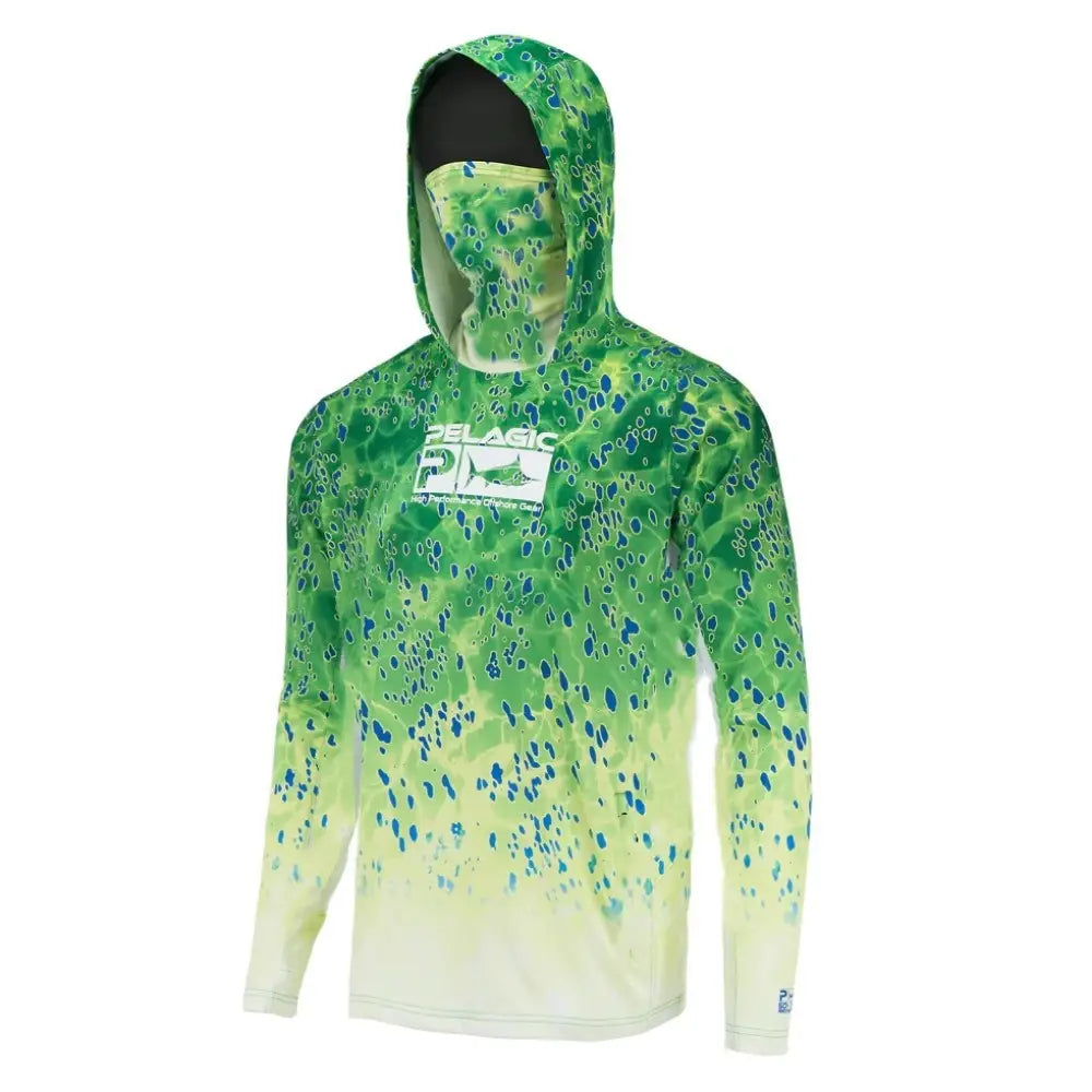 Men’s Pelagic UV protection ice silk fishing hoodie in green and blue gradient with long sleeves and matching face mask featuring the Pelagic brand logo on the chest.