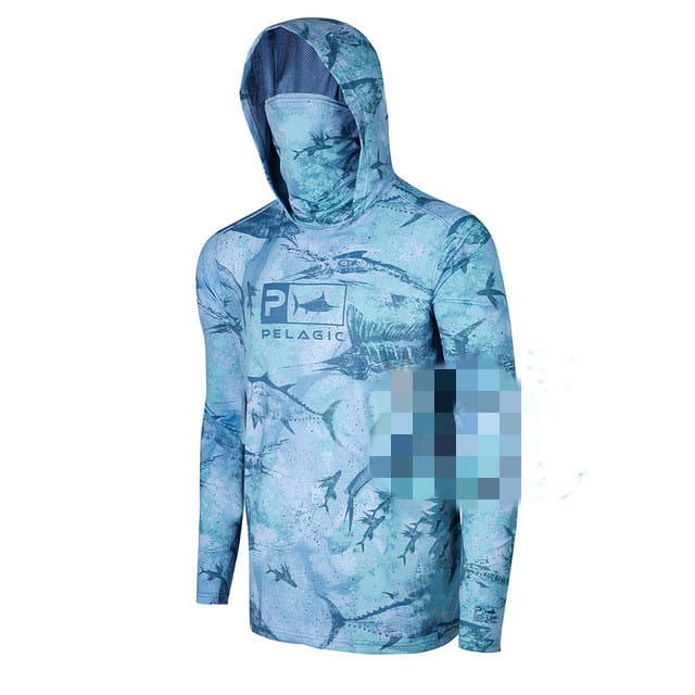Camisa con capucha de manga larga con estampado azul y blanco y protección UV, elaborada con seda tipo hielo, con diseño de tiburón y el logotipo de la marca Pelagic en el pecho para la pesca.
