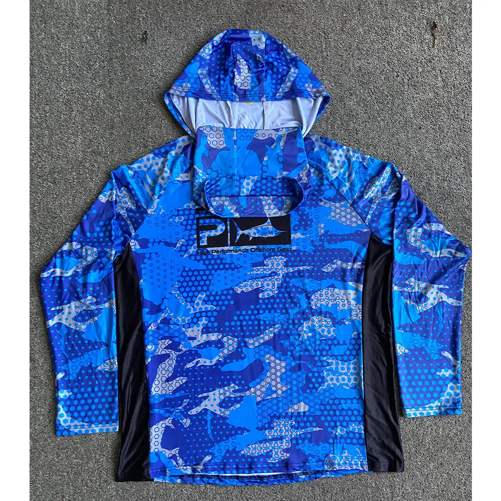 sudadera con capucha para pesca de hielo de seda tipo pelágico con protección UV para hombre en color azul y negro con patrón de camuflaje, con mangas largas y logotipo de tiburón en el pecho