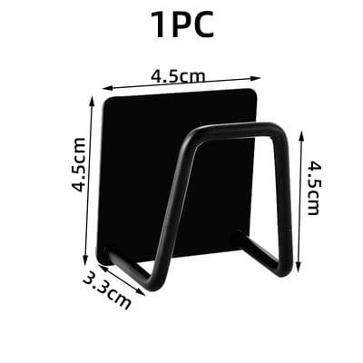 Black adhesive 304 stainless steel sink sponge holder drying rack with a sleek minimalist design and sturdy u-shaped frame for kitchen utensils.