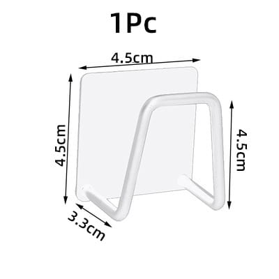 Clear transparent adhesive hook with a minimalist u-shaped design and 4.5cm by 3.3cm dimensions for compact storage solutions featured in a 304 stainless steel sink sponge holder drying rack.