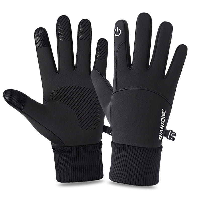 Black thermal touchscreen cycling gloves with textured fingertips ribbed cuffs and a subtle brand logo on the wrist shown from the back side.