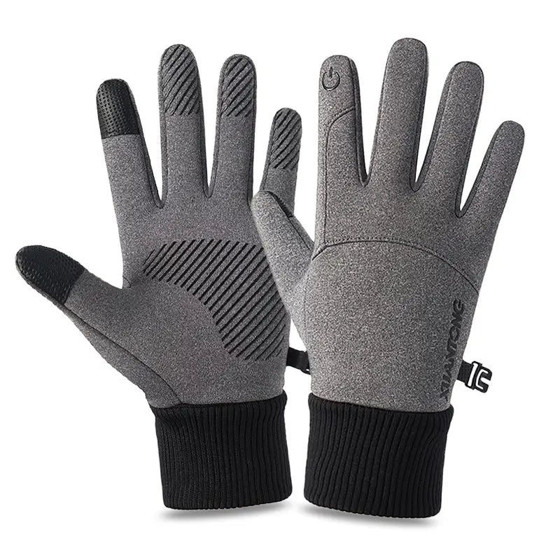 Thermal touchscreen cycling gloves in gray with black fingertips and ribbed cuffs featuring a subtle textured pattern on the palm for enhanced grip.